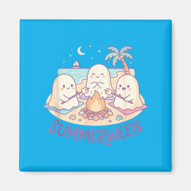 Summerween Art Ghost Marshmallow Roast Beach Magnet (Front)