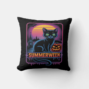 Summerween Black Cat Pumpkin Retro Halloween Art Cushion