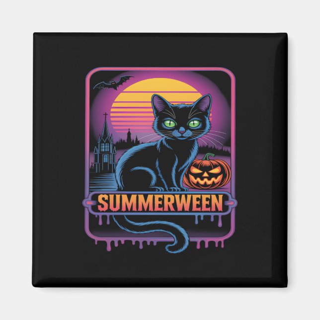 Summerween Black Cat Pumpkin Retro Halloween Art Magnet (Front)