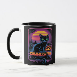 Summerween Black Cat Pumpkin Retro Halloween Art Mug