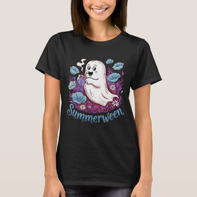 Summerween Blue Floral Ghost Cute Pastel Spooky T-Shirt (Front)