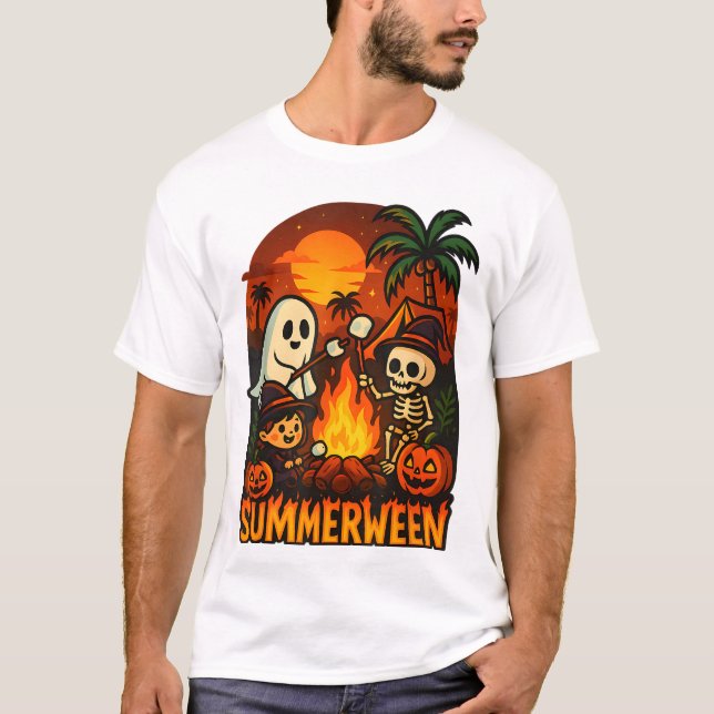Summerween Campfire Ghost Skeleton Funny Halloween T-Shirt (Front)
