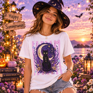 Summerween Celestial Black Cat Moon Floral Magic T-Shirt