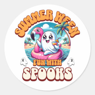 Summerween Cute Ghost Flamingo Float Beach Party Classic Round Sticker