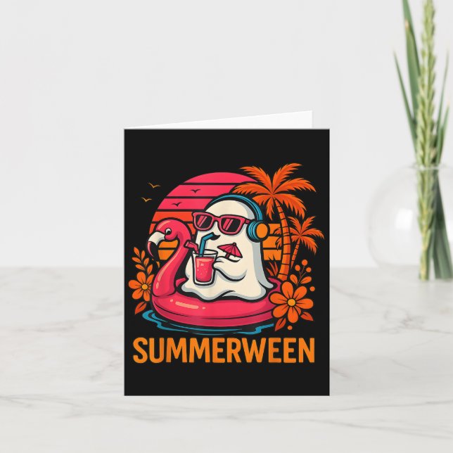 Summerween Funny Ghost Halloween Summer Flamingo B Card (Front)