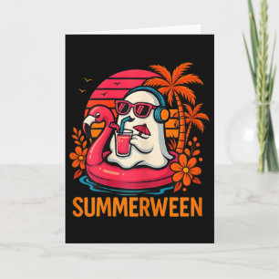 Summerween Funny Ghost Halloween Summer Flamingo B Card