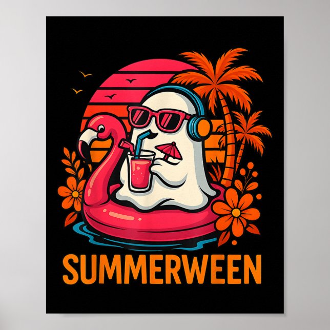 Summerween Funny Ghost Halloween Summer Flamingo B Poster (Front)