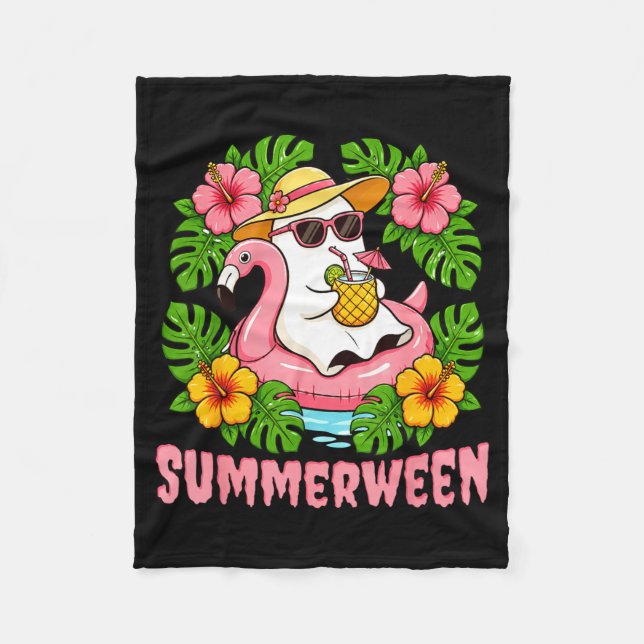 Summerween Funny Ghost Halloween Summer Floral Fleece Blanket (Front)