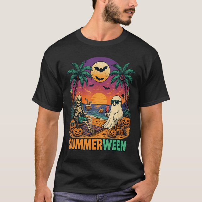 Summerween funny Skeleton Beach Party Halloween En T-Shirt (Front)