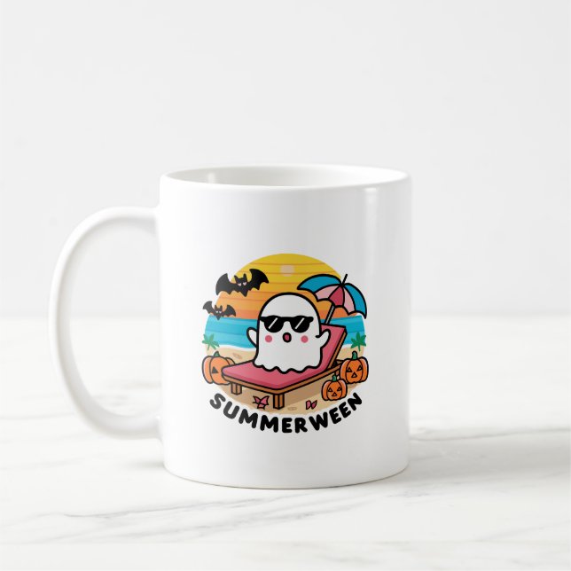 Summerween - ghost on sunbed coffee mug (Left)