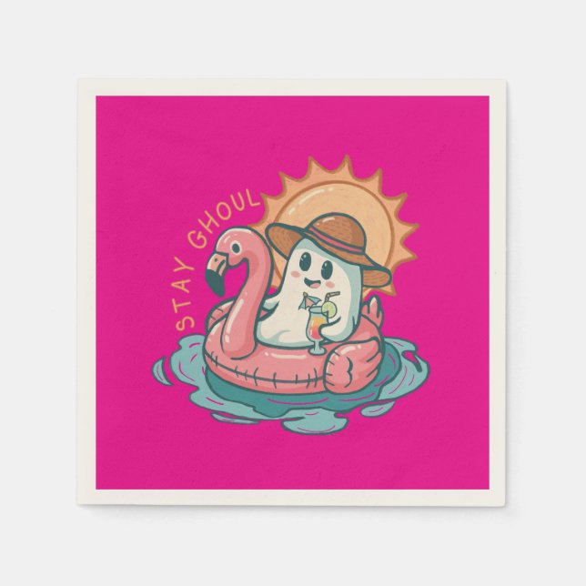 Summerween Ghoul Ghost On a Flamingo Floatie Napkin (Front)