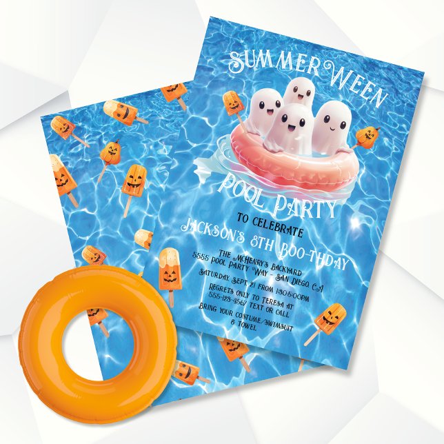SummerWeen Halloween Pool Birthday Party Ghosts Invitation (Creator Uploaded)
