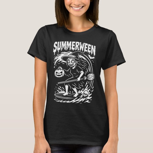 Summerween Halloween Summer Surfing Beach Witch  T-Shirt (Front)