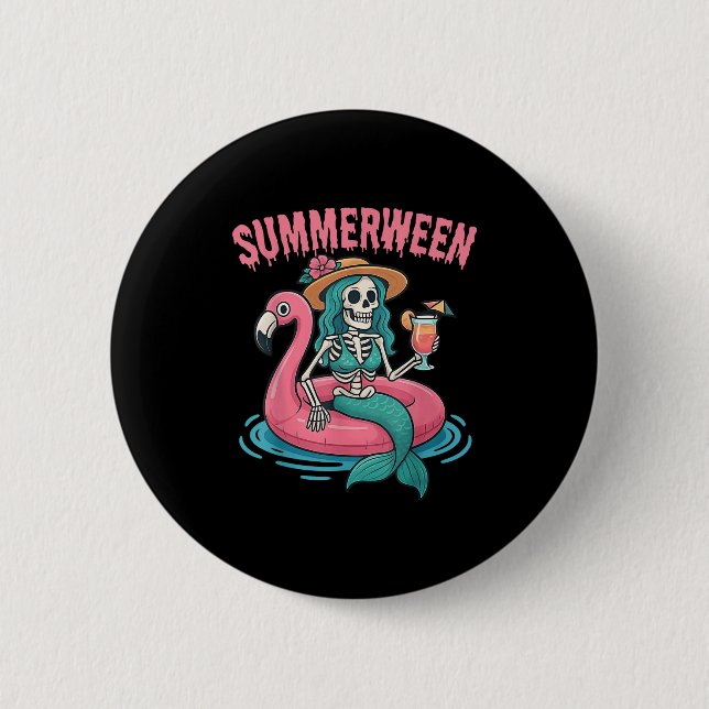 Summerween Mermaid Skeleton Beach Flamingo Hallowe 6 Cm Round Badge (Front)