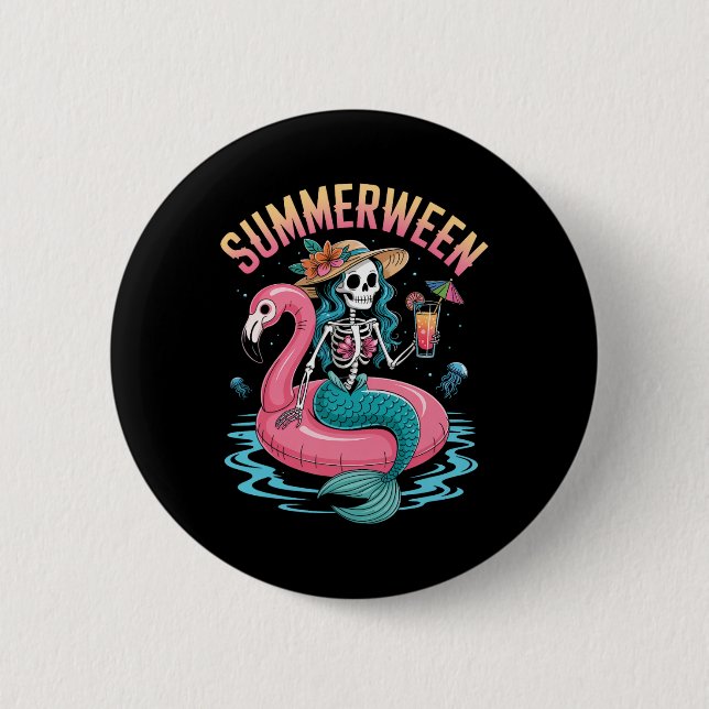 Summerween Mermaid Skeleton Beach Flamingo Hallowe 6 Cm Round Badge (Front)