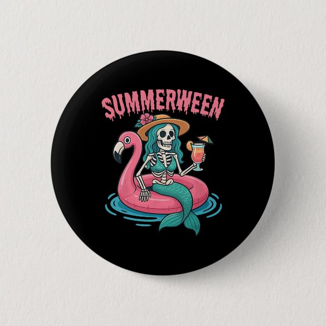 Summerween Mermaid Skeleton Beach Flamingo Hallowe 6 Cm Round Badge (Front)