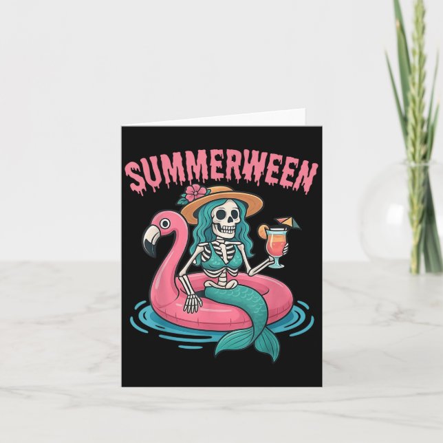 Summerween Mermaid Skeleton Beach Flamingo Hallowe Card (Front)