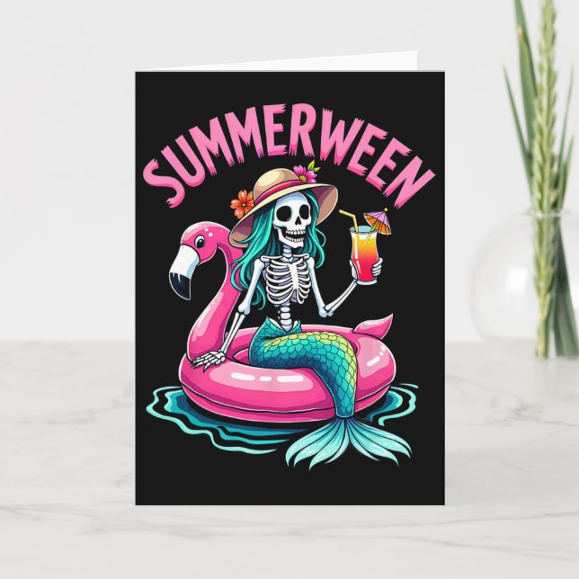Summerween Mermaid Skeleton Beach Flamingo Hallowe Card (Front)