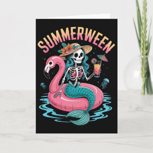 Summerween Mermaid Skeleton Beach Flamingo Hallowe Card