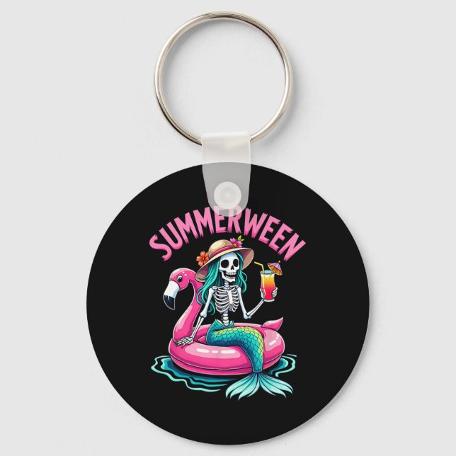 Summerween Mermaid Skeleton Beach Flamingo Hallowe Key Ring (Front)