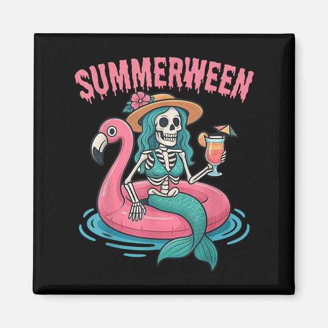 Summerween Mermaid Skeleton Beach Flamingo Hallowe Magnet (Front)