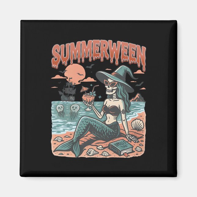 Summerween Mermaid Skeleton Beach Flamingo Hallowe Magnet (Front)