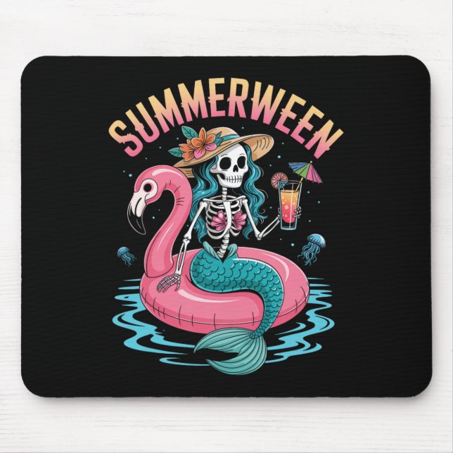 Summerween Mermaid Skeleton Beach Flamingo Hallowe Mouse Mat (Front)