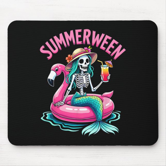 Summerween Mermaid Skeleton Beach Flamingo Hallowe Mouse Mat (Front)