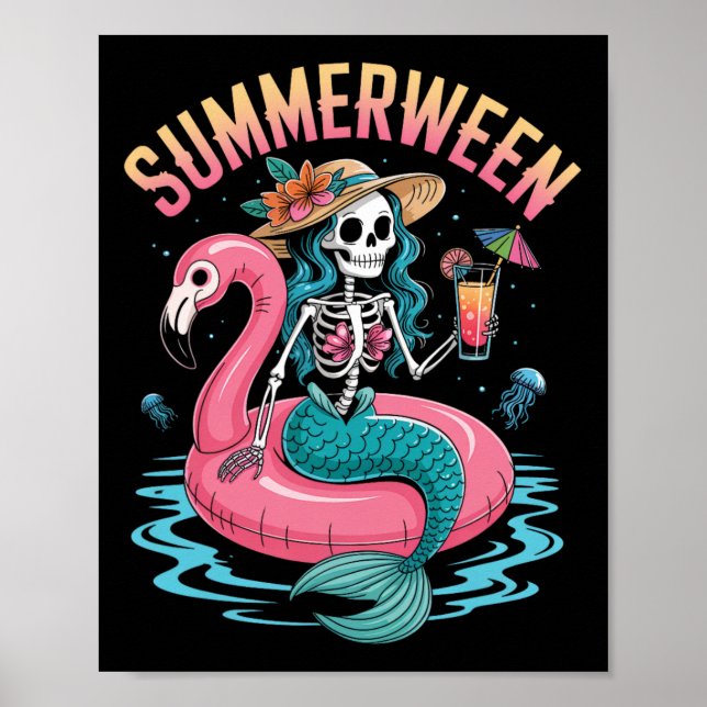Summerween Mermaid Skeleton Beach Flamingo Hallowe Poster (Front)