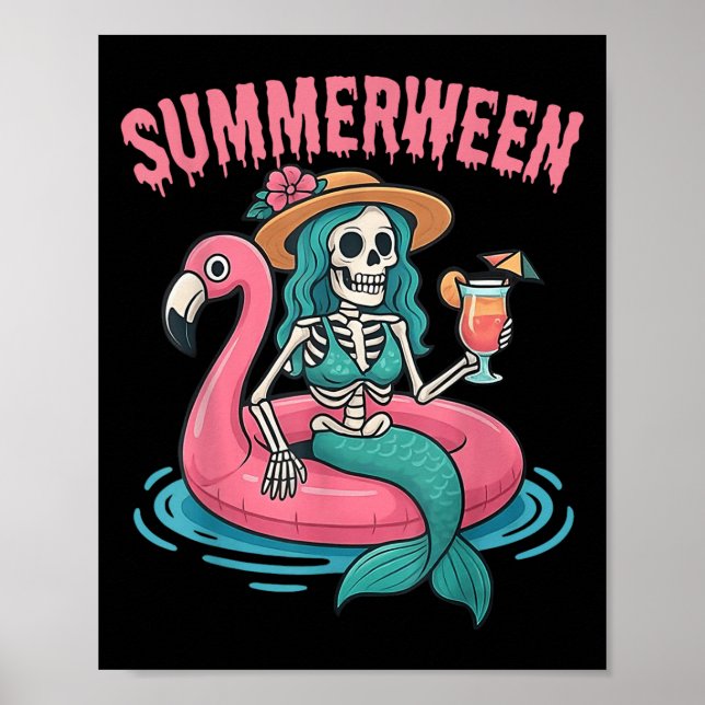 Summerween Mermaid Skeleton Beach Flamingo Hallowe Poster (Front)