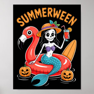 Summerween Mermaid Skeleton Beach Flamingo Hallowe Poster