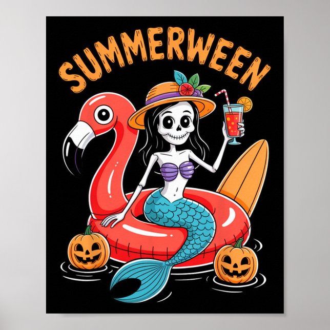 Summerween Mermaid Skeleton Beach Flamingo Hallowe Poster (Front)
