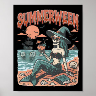 Summerween Mermaid Skeleton Beach Flamingo Hallowe Poster