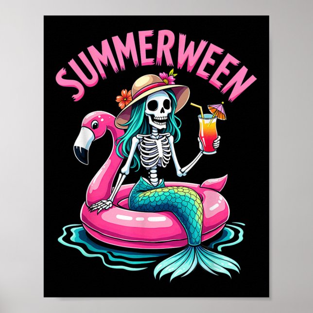 Summerween Mermaid Skeleton Beach Flamingo Hallowe Poster (Front)