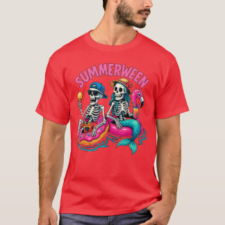 Summerween Mermaid Skeleton Beach Flamingo Hallowe T-Shirt