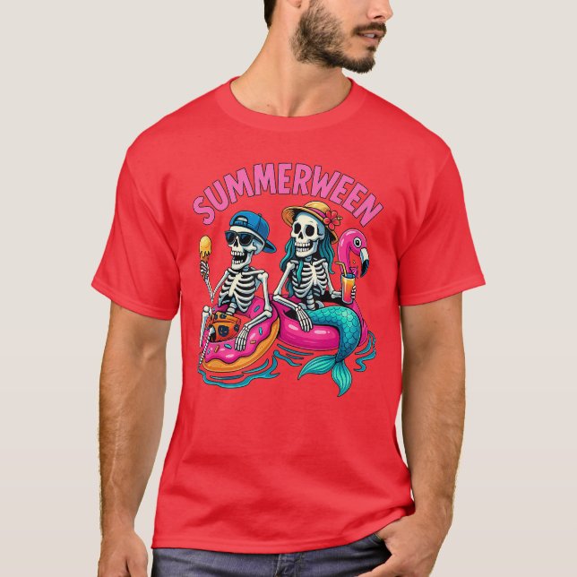 Summerween Mermaid Skeleton Beach Flamingo Hallowe T-Shirt (Front)