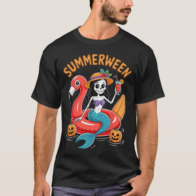Summerween Mermaid Skeleton Beach Flamingo Hallowe T-Shirt (Front)