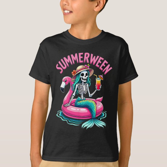 Summerween Mermaid Skeleton Beach Flamingo Hallowe T-Shirt (Front)
