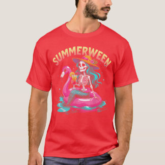 Summerween Mermaid Skeleton Beach Flamingo Hallowe T-Shirt