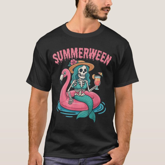 Summerween Mermaid Skeleton Beach Flamingo Hallowe T-Shirt (Front)