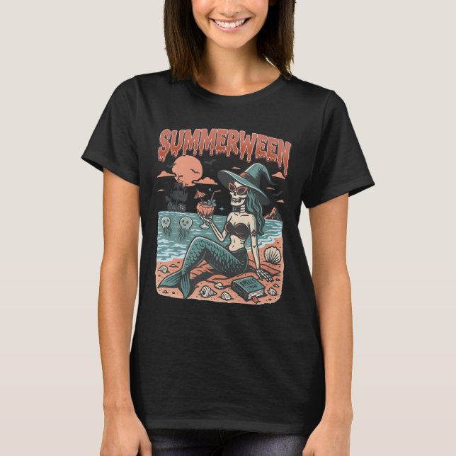 Summerween Mermaid Skeleton Beach Flamingo Hallowe T-Shirt (Front)