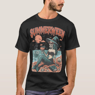 Summerween Mermaid Skeleton Beach Flamingo T-Shirt