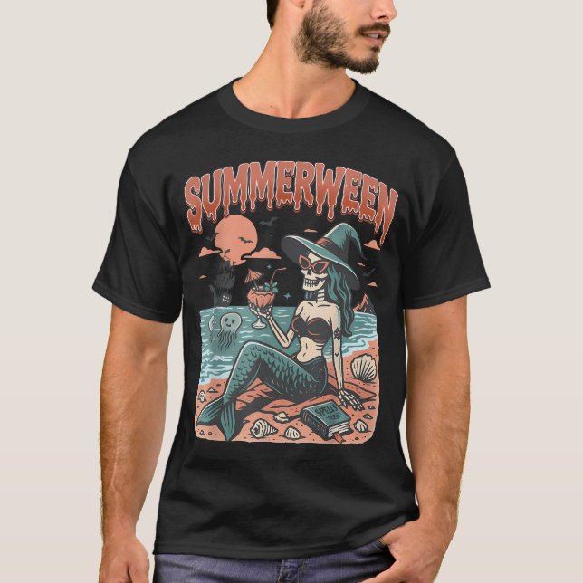 Summerween Mermaid Skeleton Beach Flamingo T-Shirt (Front)