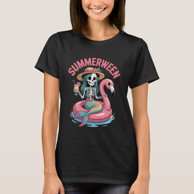 Summerween Mermaid Skeleton Flamingo Beach Hallowe T-Shirt (Front)