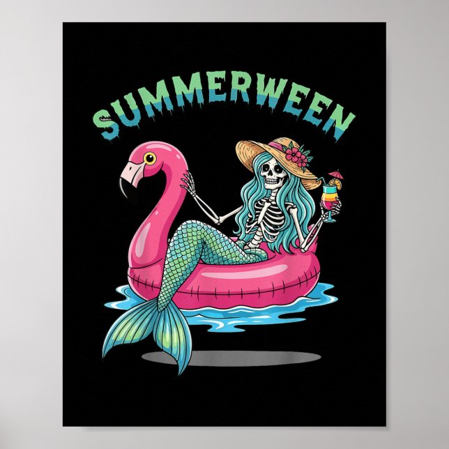 Summerween Mermaid Skeleton Flamingo Float Hallowe Poster (Front)