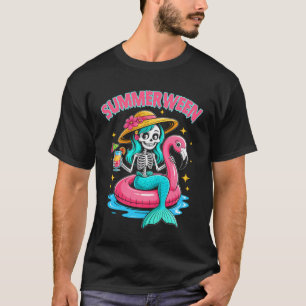 Summerween Mermaid Skeleton Halloween Flamingo Sum T-Shirt