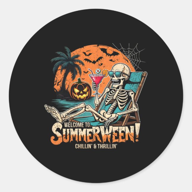 Summerween Skeleton Beach Halloween Tropical Art  Classic Round Sticker (Front)