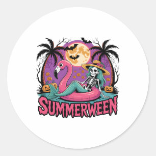 Summerween Skeleton Flamingo Halloween Summer Girl Classic Round Sticker