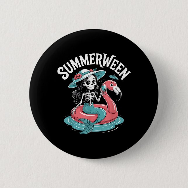 Summerween Skeleton Flamingo Halloween Vibes 6 Cm Round Badge (Front)