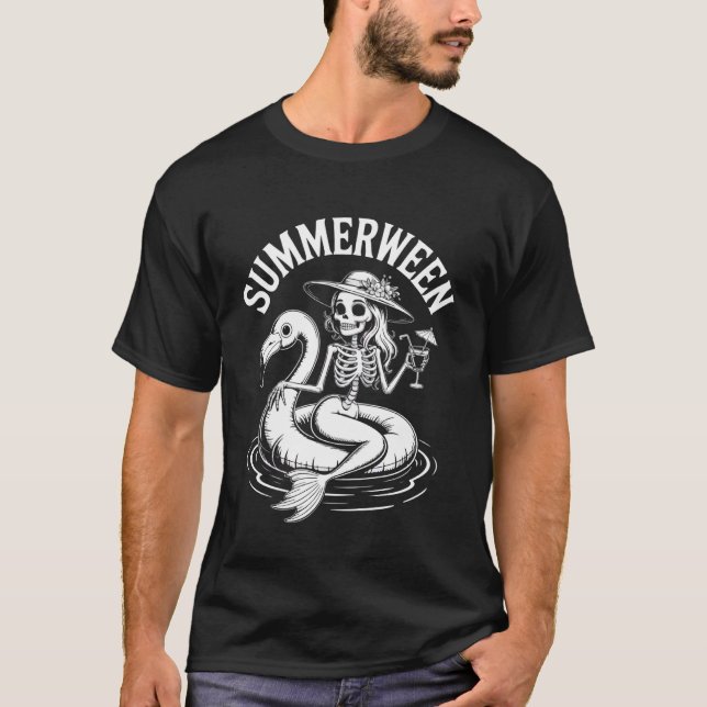 Summerween Skeleton Flamingo Halloween Vibes T-Shirt (Front)